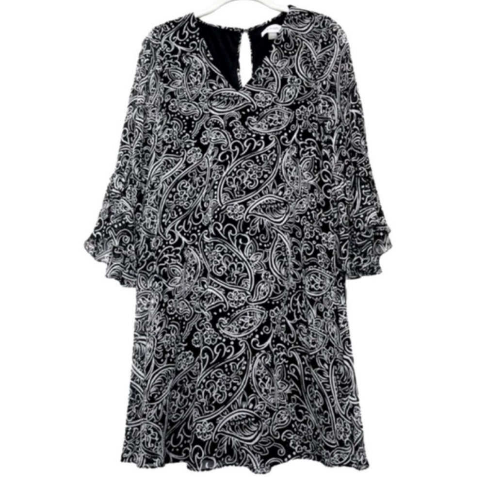 NEW Calvin Klein Bell Sleeve Shift Dress Paisley V-neck Black White Size 6